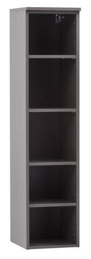 Graues Midi-Regal mit fünf offenen Fächern, seitliche Perspektive