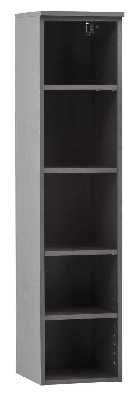 Graues Midi-Regal mit fünf offenen Fächern, seitliche Perspektive