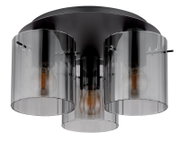 Moderne plafondlamp met drie rookgrijze glazen cilinders en een zwarte plafondplaat, vooraanzicht licht van onderaf