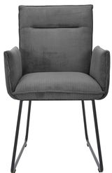Grauer Armlehnstuhl mit geripptem Stoffbezug und schwarzen Metallbeinen, Frontalansicht