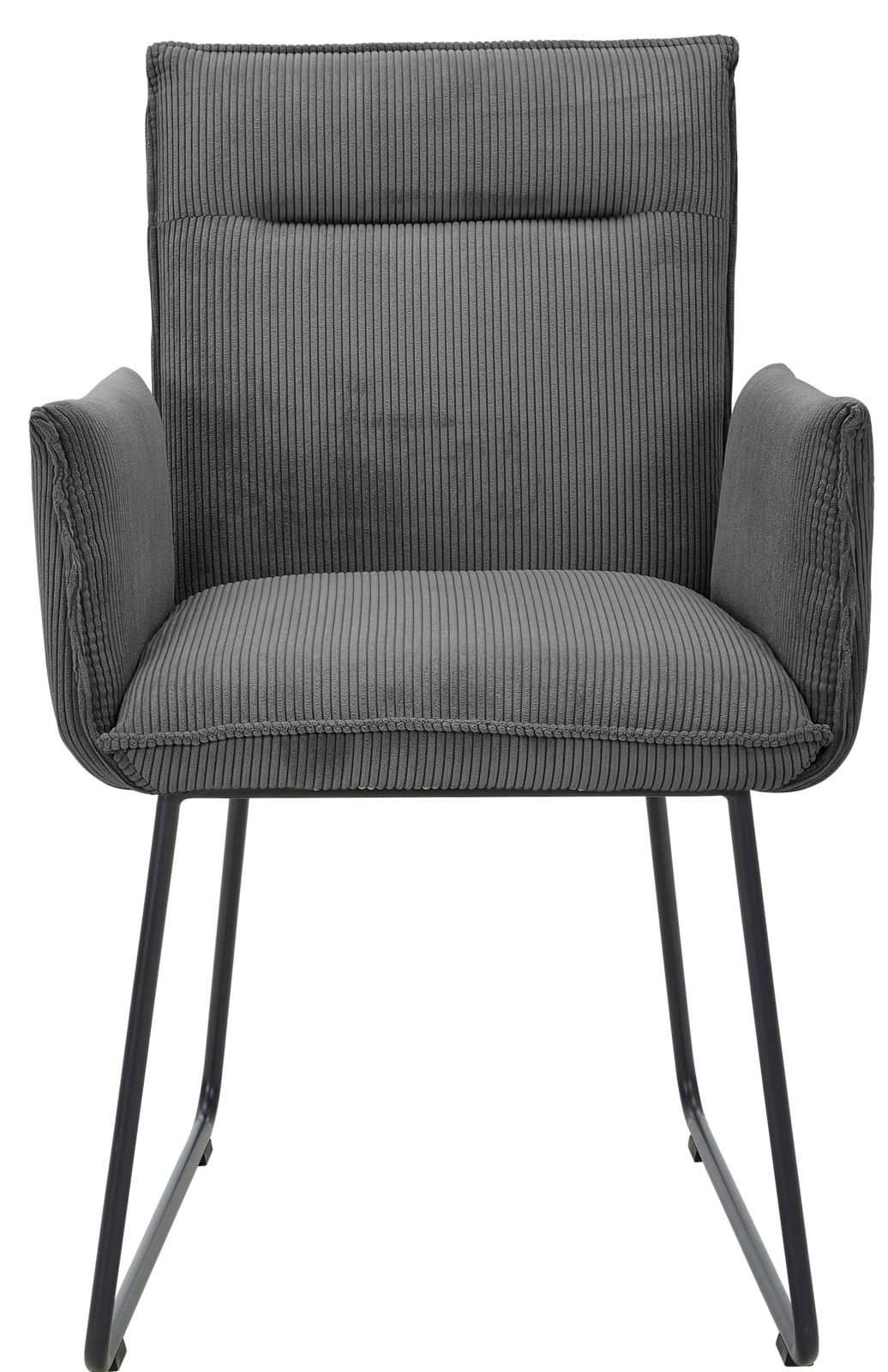 Grauer Armlehnstuhl mit geripptem Stoffbezug und schwarzen Metallbeinen, Frontalansicht