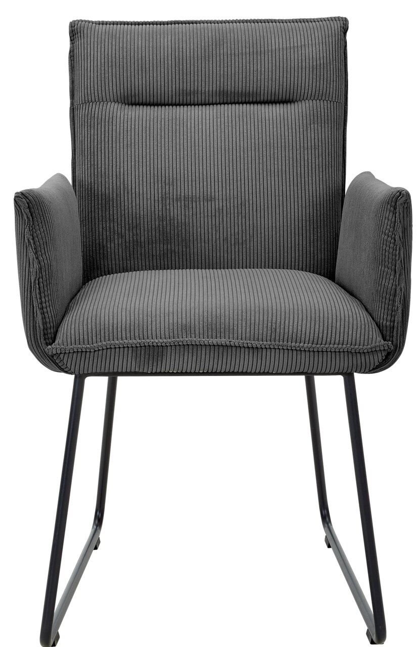 Grauer Armlehnstuhl mit geripptem Stoffbezug und schwarzen Metallbeinen, Frontalansicht