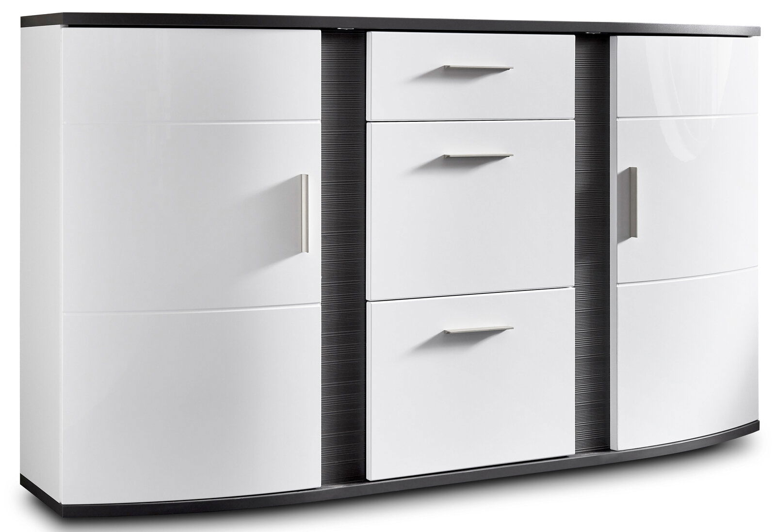 Modernes Sideboard in Weiß mit drei Schubladen und zwei Türen, seitliche Perspektive