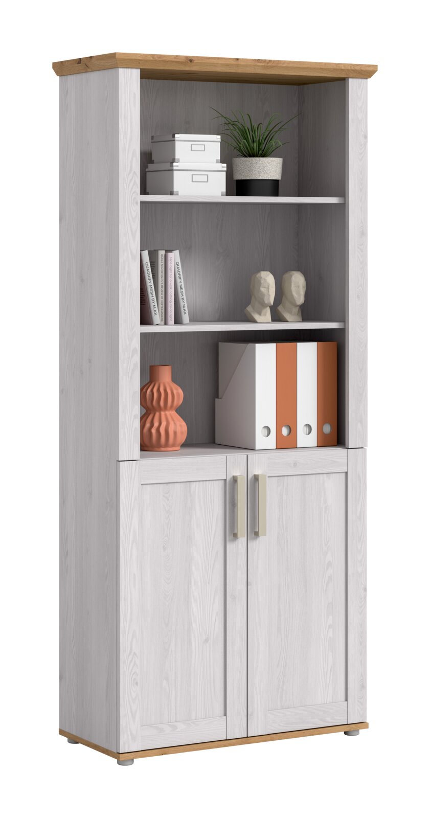 Hoher, weißer Holzschrank im Landhausstil mit naturfarbener Deckplatte, offenen Regalfächern und zwei Türen unten, gezeigt in leichter Frontansicht von vorn.