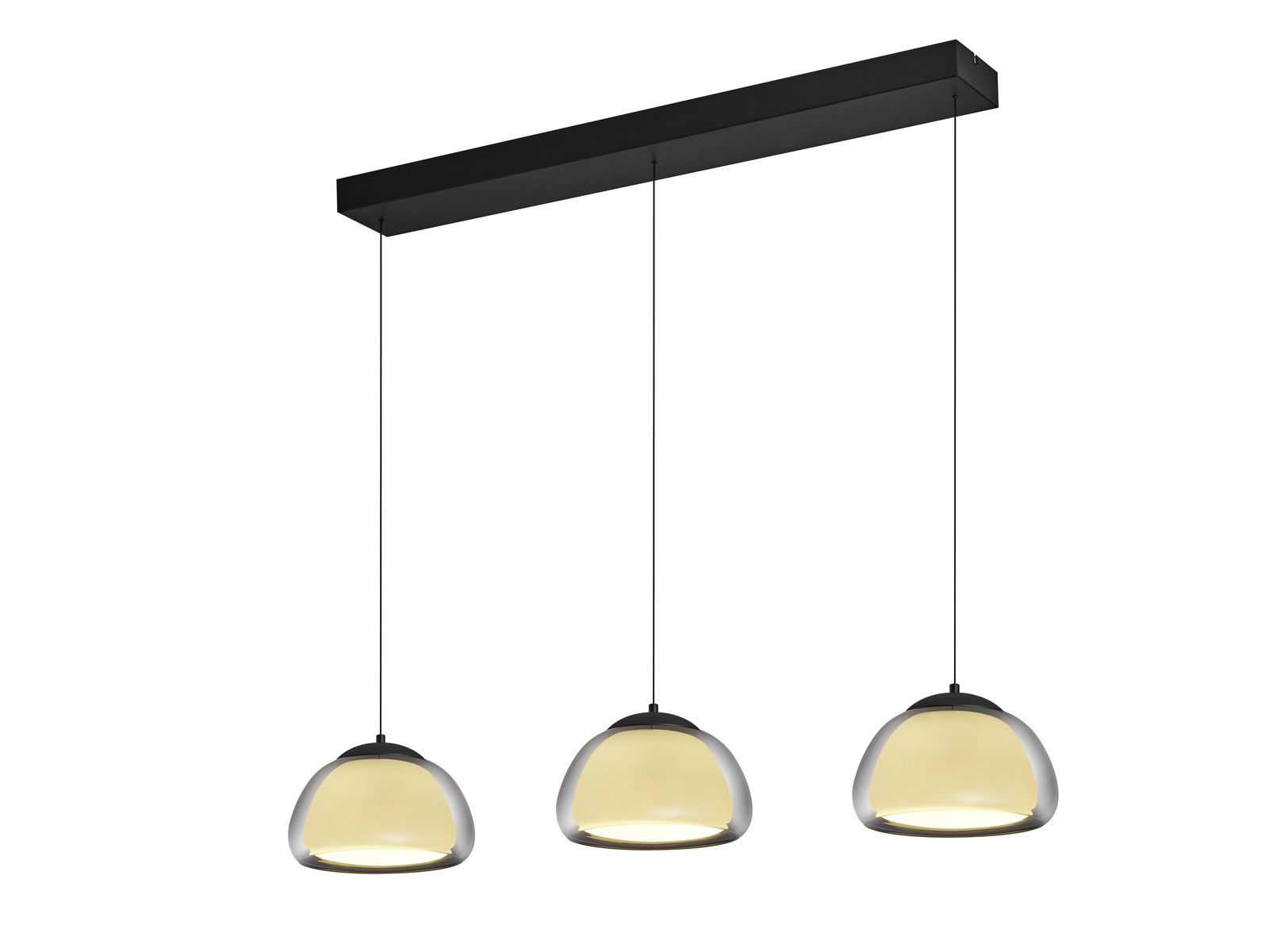 Moderne LED-Pendelleuchte LUXXO mit drei hängenden Leuchten, seitliche Perspektive