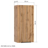 Hängeschrank aus Holz mit vertikalen schwarzen Streifen, Maße 64 cm hoch, 30 cm breit, 20 cm tief, seitliche Perspektive