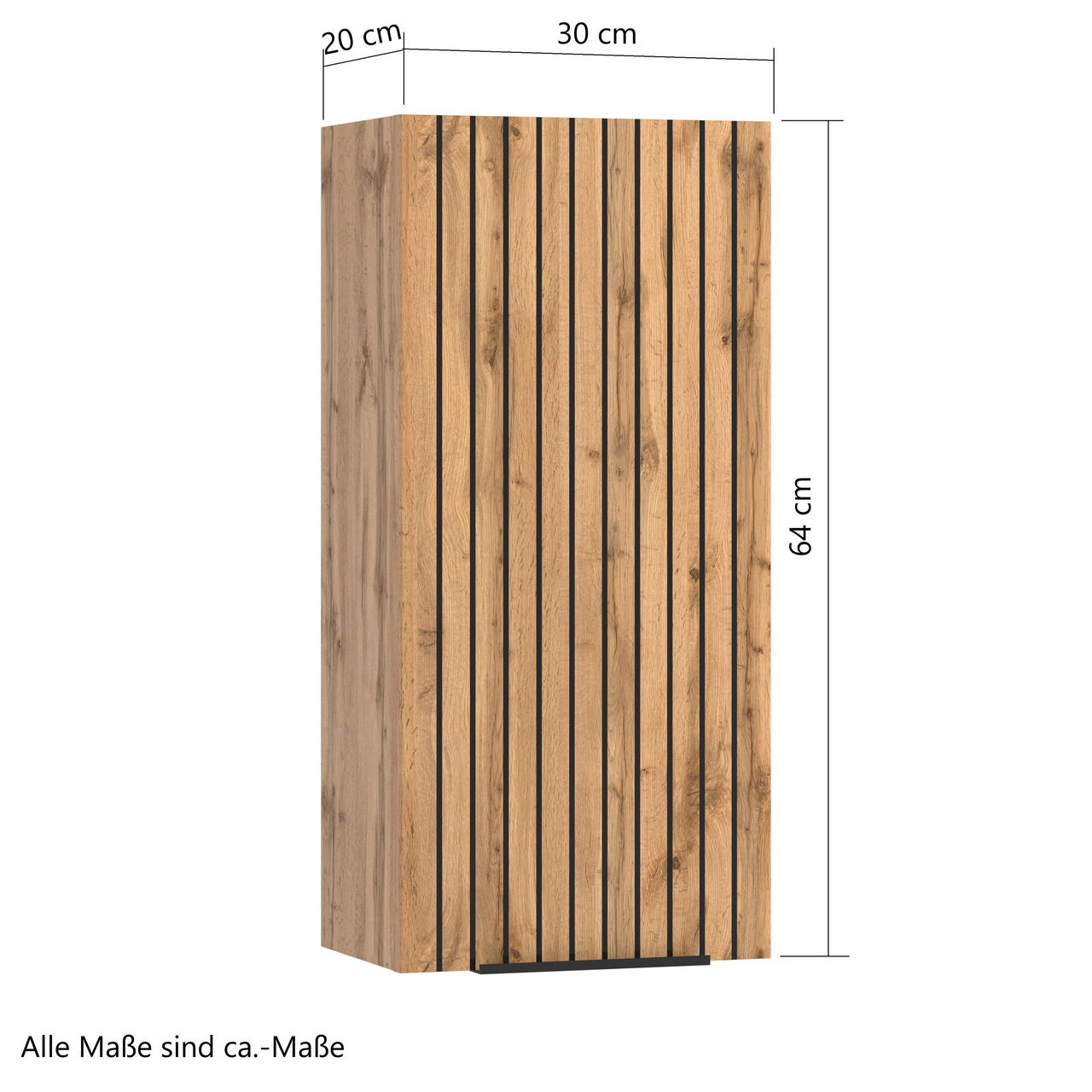 Hängeschrank aus Holz mit vertikalen schwarzen Streifen, Maße 64 cm hoch, 30 cm breit, 20 cm tief, seitliche Perspektive