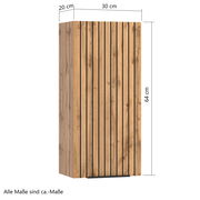 Hängeschrank aus Holz mit vertikalen schwarzen Streifen, Maße 64 cm hoch, 30 cm breit, 20 cm tief, seitliche Perspektive