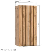 Hängeschrank aus Holz mit vertikalen schwarzen Streifen, Maße 64 cm hoch, 30 cm breit, 20 cm tief, seitliche Perspektive