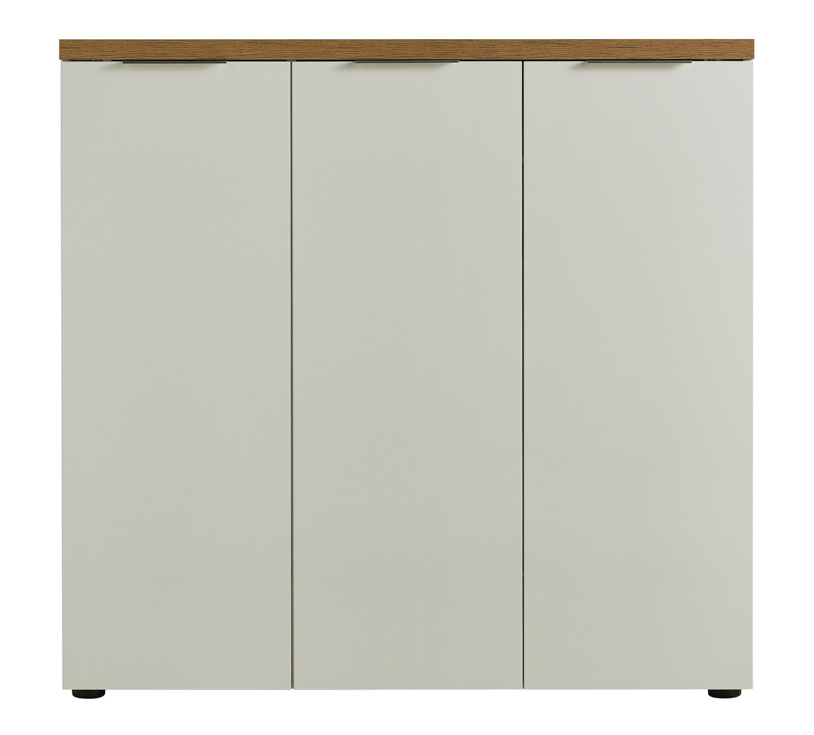 Frontansicht eines XL-Schuhschranks mit drei Türen und einer Holzoberfläche.