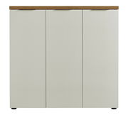 Frontansicht eines XL-Schuhschranks mit drei Türen und einer Holzoberfläche.