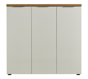 Frontansicht eines XL-Schuhschranks mit drei Türen und einer Holzoberfläche.