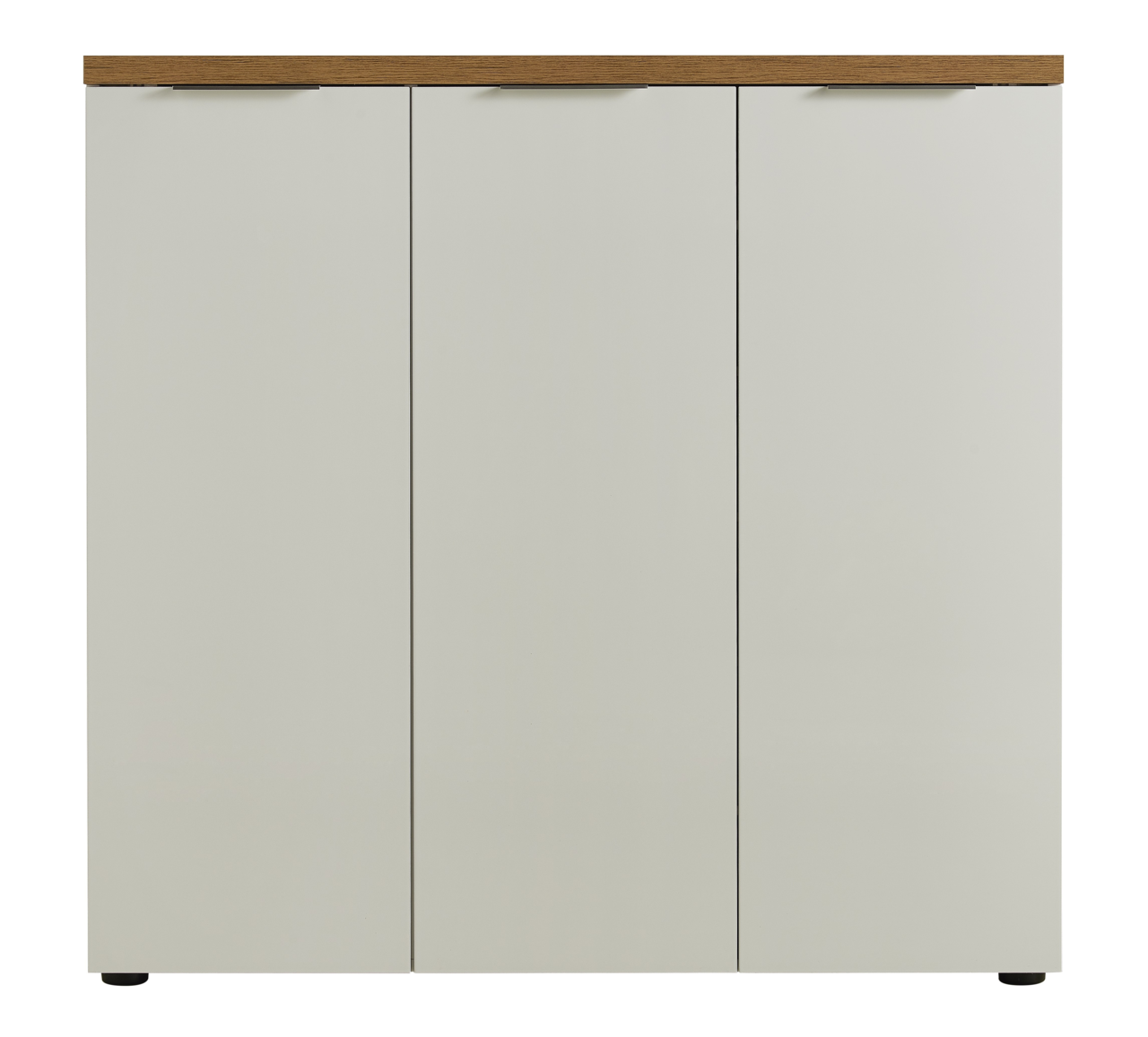 Frontansicht eines XL-Schuhschranks mit drei Türen und einer Holzoberfläche.