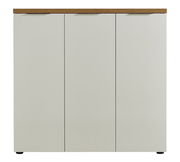 Frontansicht eines XL-Schuhschranks mit drei Türen und einer Holzoberfläche.