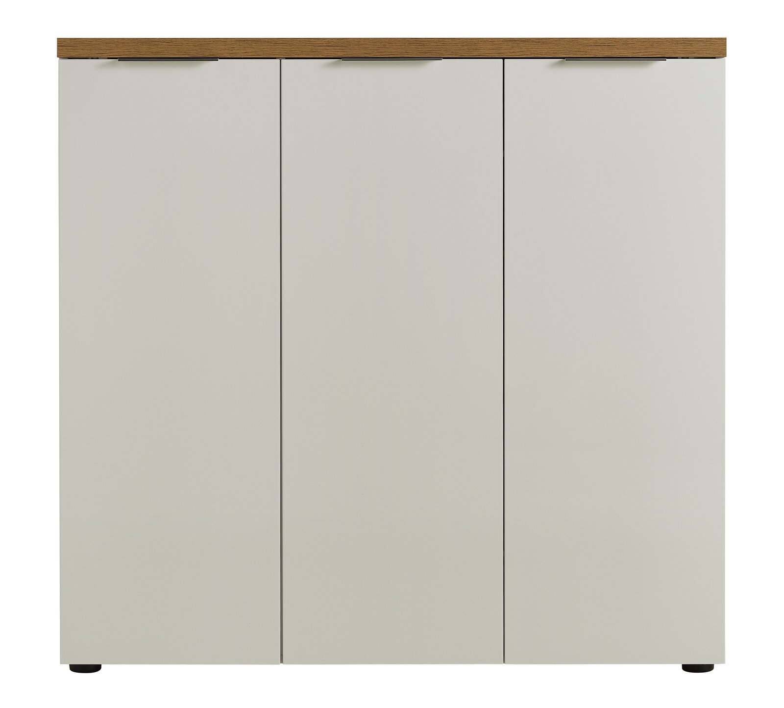 Frontansicht eines XL-Schuhschranks mit drei Türen und einer Holzoberfläche.