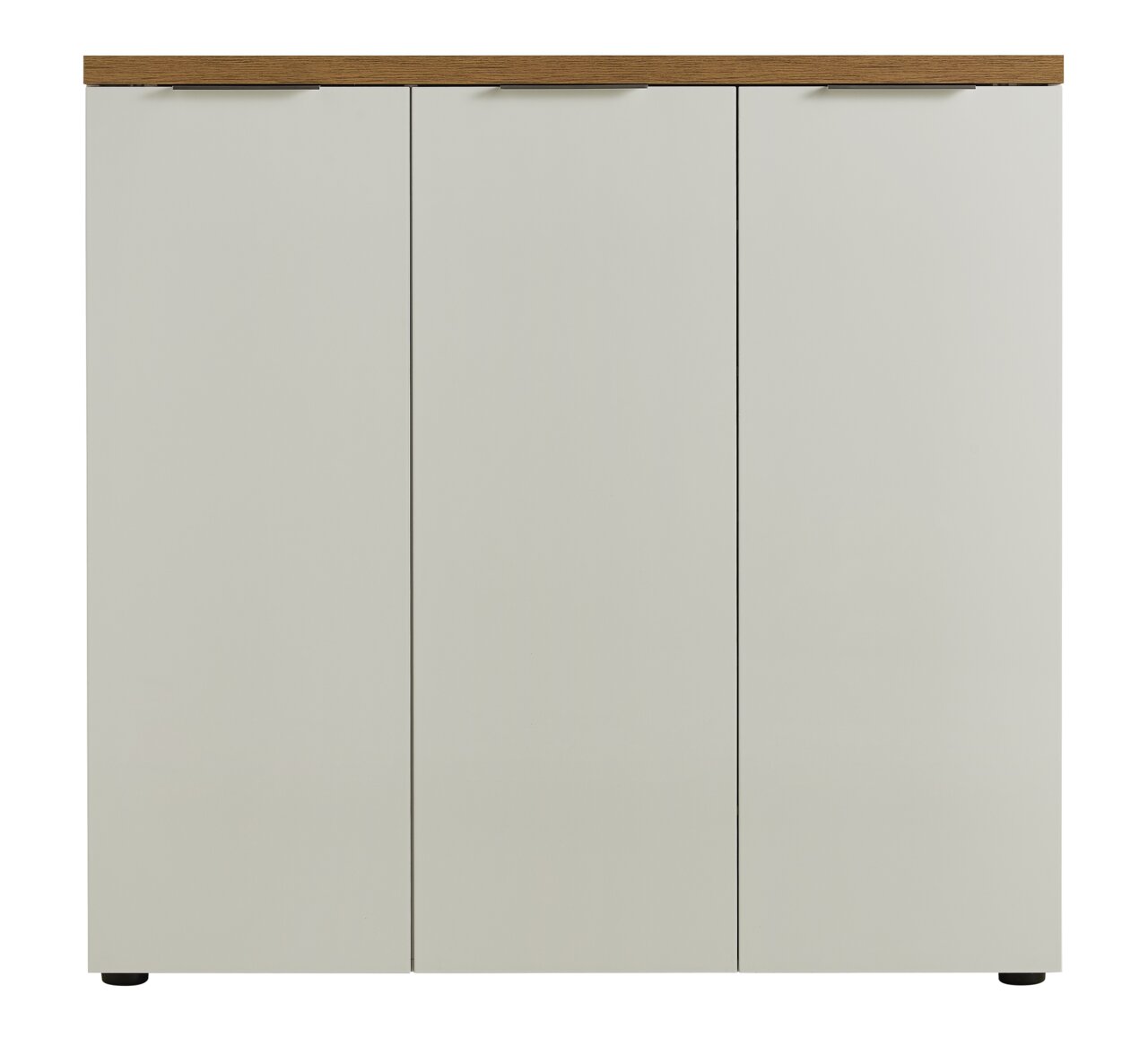 Frontansicht eines XL-Schuhschranks mit drei Türen und einer Holzoberfläche.
