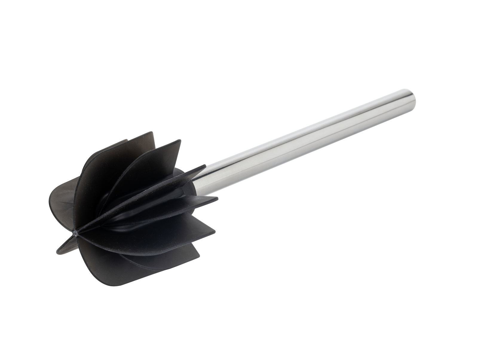 WC-Bürste mit schwarzem Bürstenkopf und silbernem Griff, seitliche Perspektive