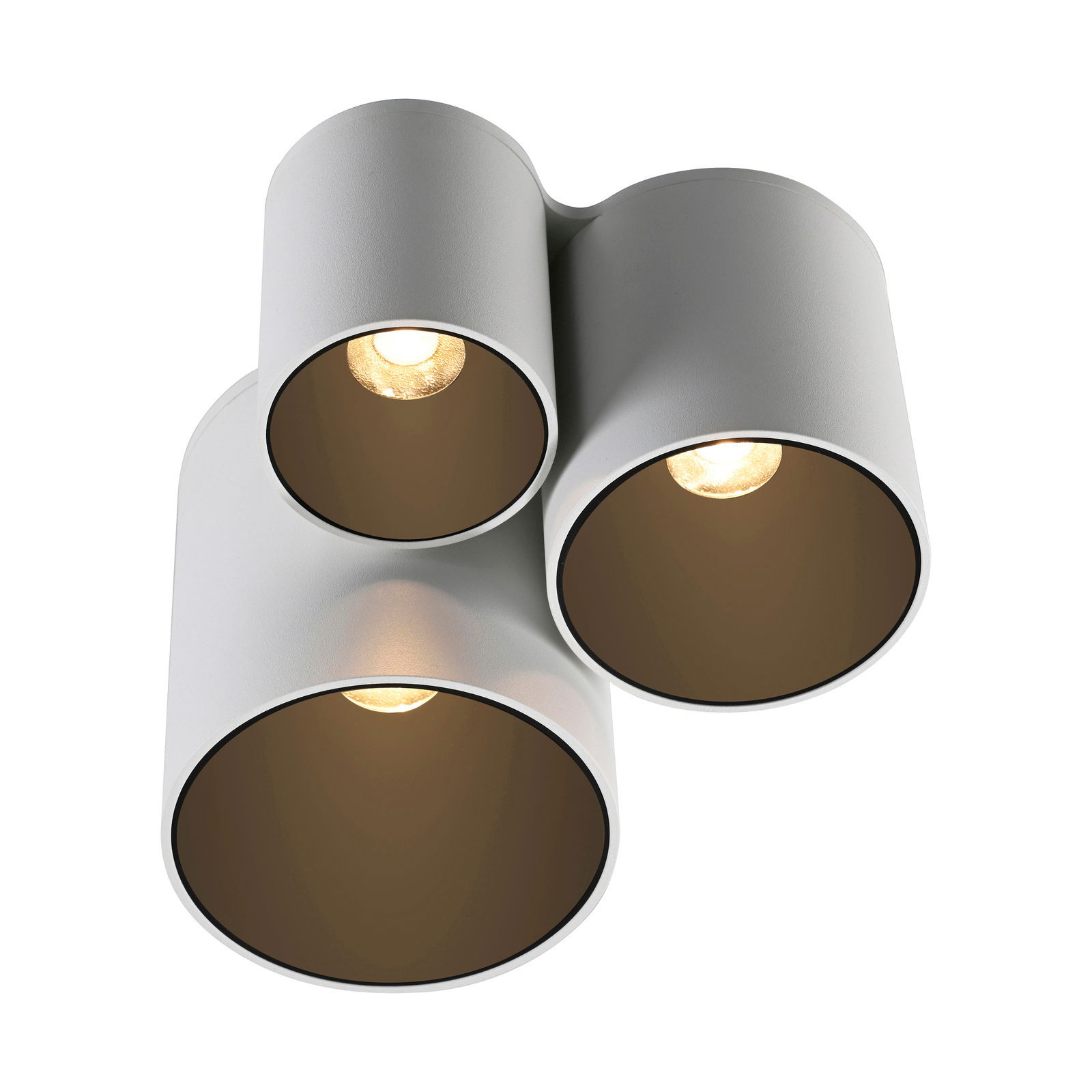 Moderne LED-Deckenleuchte mit drei zylindrischen Lampenschirmen, Ansicht von unten.