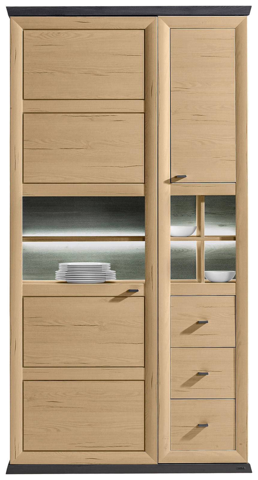 Vitrine aus hellem Holz mit mehreren Schubladen und Fächern, frontal betrachtet.