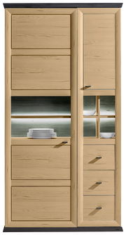 Vitrine aus hellem Holz mit mehreren Schubladen und Fächern, frontal betrachtet.