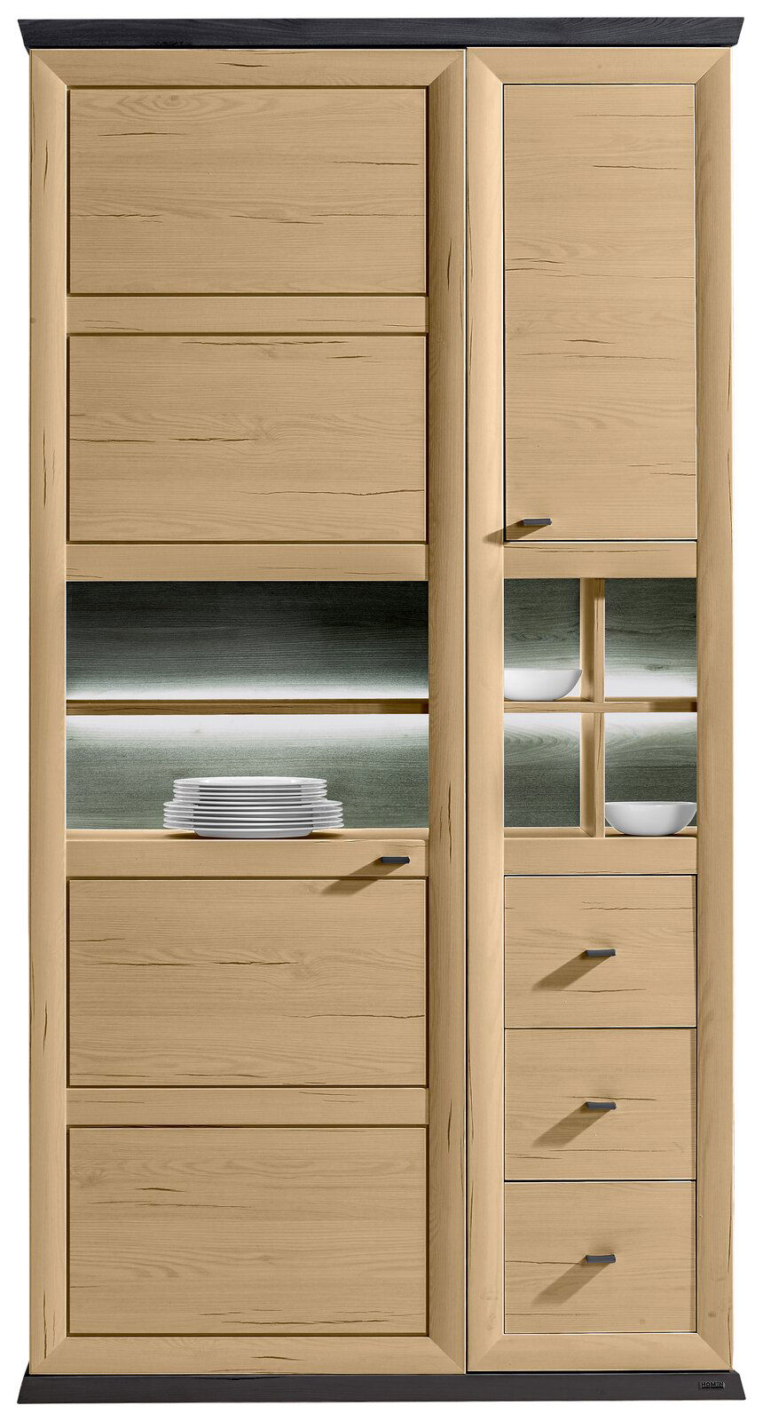 Vitrine aus hellem Holz mit mehreren Schubladen und Fächern, frontal betrachtet.