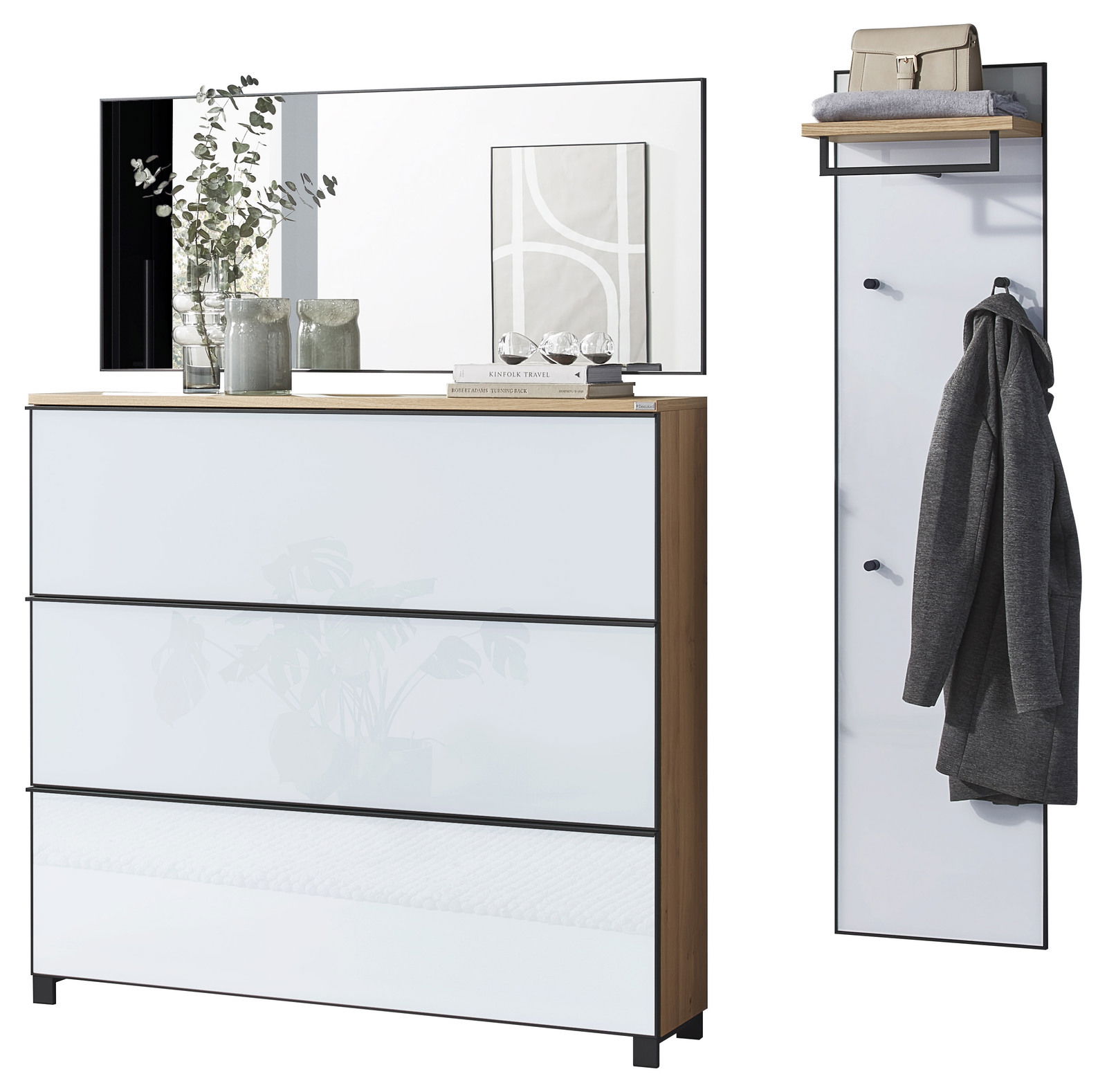 Garderoben-Set 3-tlg. bestehend aus einem großen Spiegel, einer Kommode mit drei Schubladen und einer Wandgarderobe mit Haken und Ablage, frontal abgebildet.