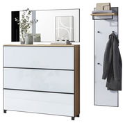 Garderoben-Set 3-tlg. bestehend aus einem großen Spiegel, einer Kommode mit drei Schubladen und einer Wandgarderobe mit Haken und Ablage, frontal abgebildet.