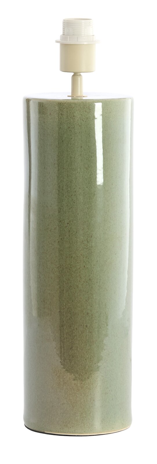 Zylindrischer, grüner Lampenfuß aus Keramik, frontal fotografiert.