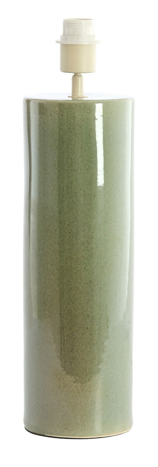 Zylindrischer, grüner Lampenfuß aus Keramik, frontal fotografiert.