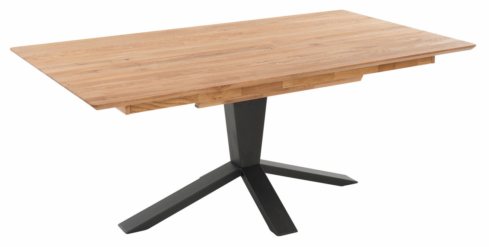 Moderner Esstisch aus Holz mit schwarzem Metallfuß, seitliche Perspektive