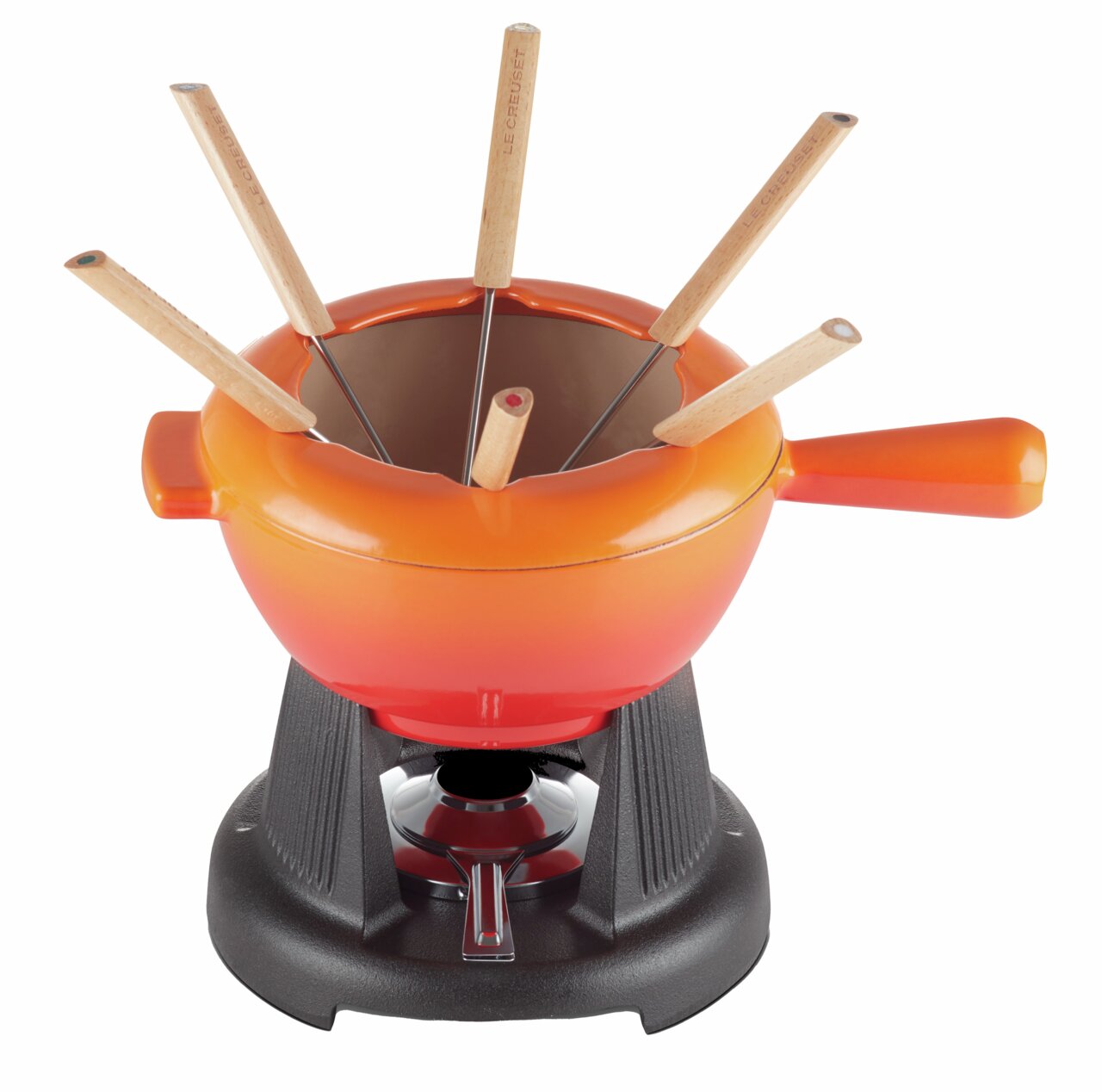 Käsefondue Set Flame ofenrot mit sechs Holzgriffen, Ansicht von oben