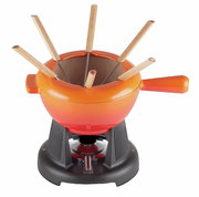 Käsefondue Set Flame ofenrot mit sechs Holzgriffen, Ansicht von oben