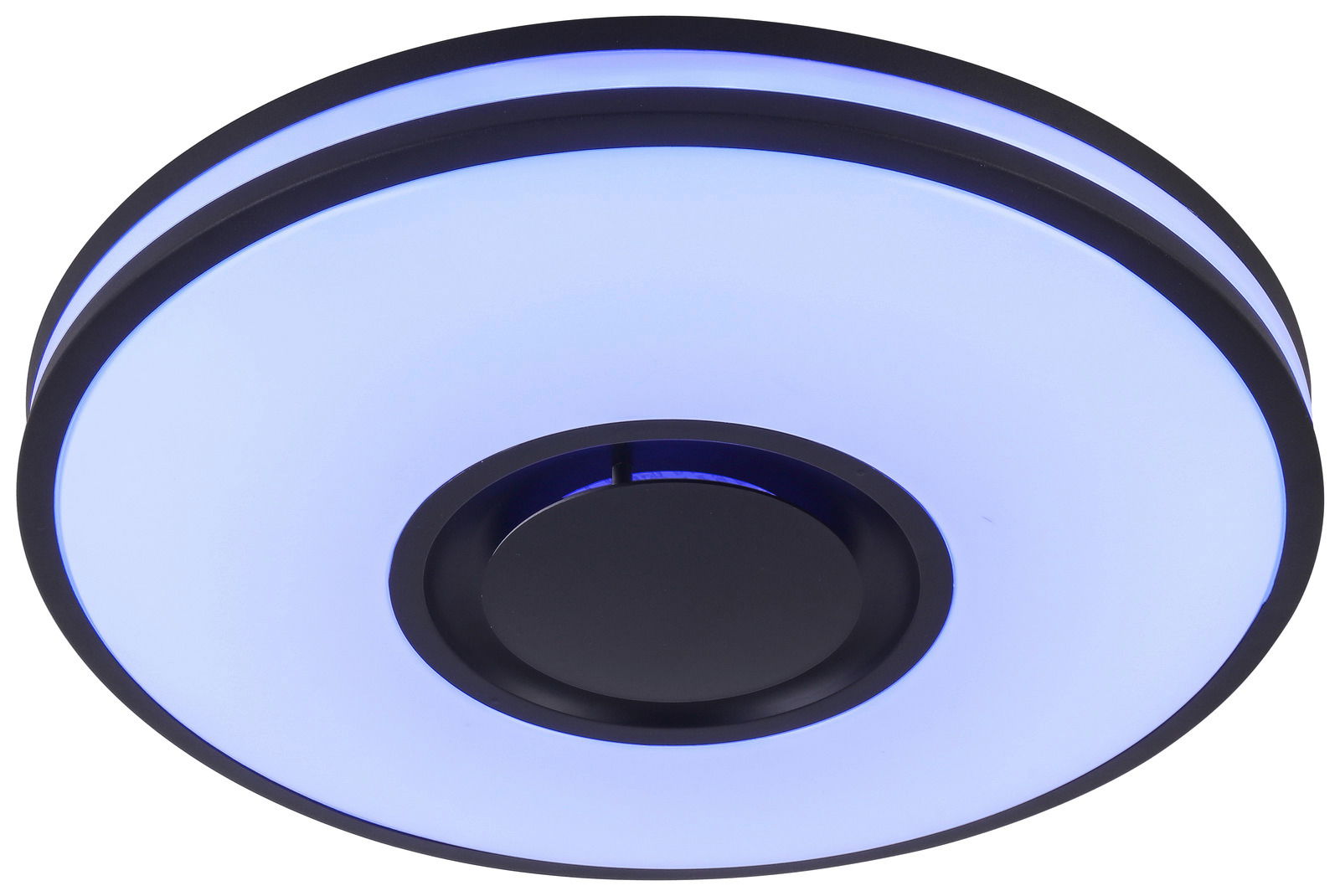 LED-Deckenleuchte Riku in moderner, runder Form mit blauer Beleuchtung, Ansicht von unten.