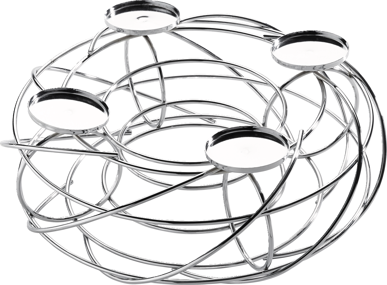 Silberner Dekokranz für 4 Kerzen, aus Drahtgeflecht, seitliche Perspektive