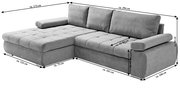 Graues Ecksofa mit Ottomane links, Ansicht von schräg vorne, mit gepolsterten Sitzflächen und Rückenkissen.