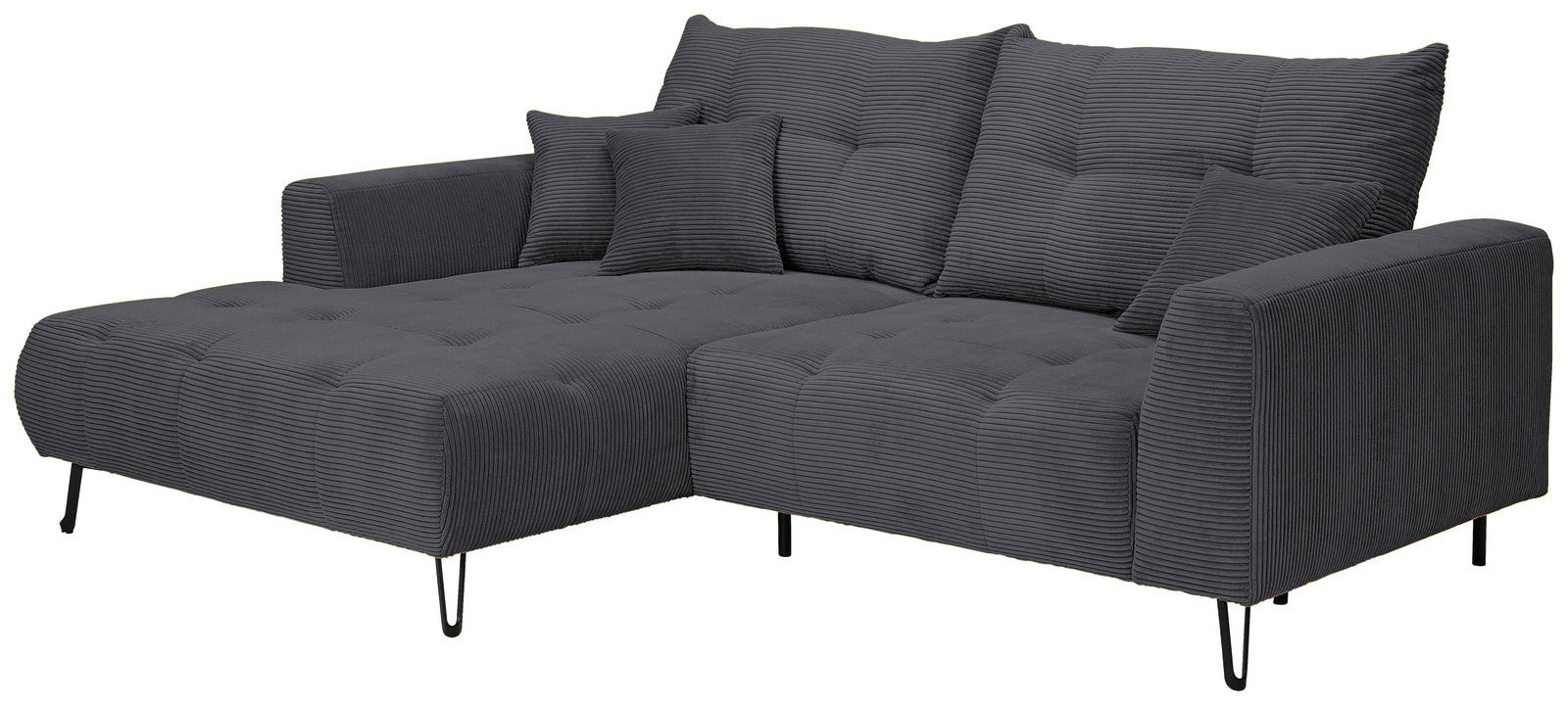 Graues Ecksofa mit Ottomane links, gestepptem Stoff und schwarzen Metallfüßen, Perspektive von vorne links