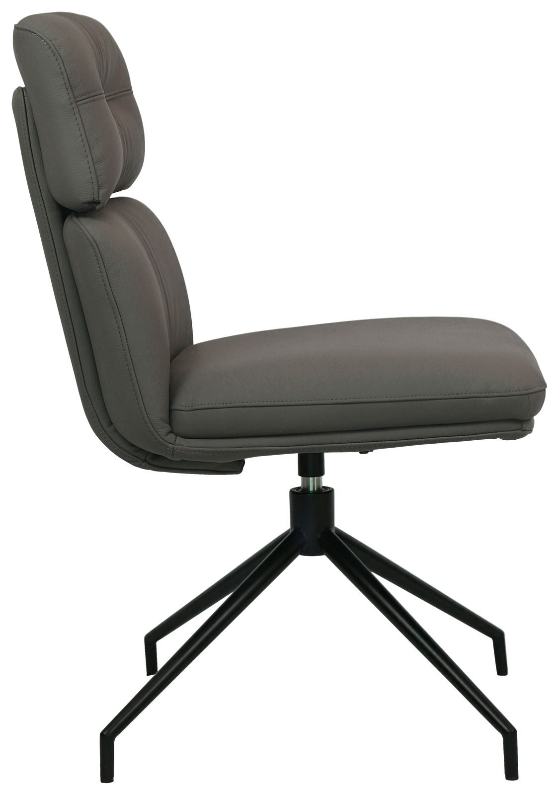 Moderner grauer Stuhl mit gepolsterter Rückenlehne und schwarzem Metallgestell, Seitenansicht