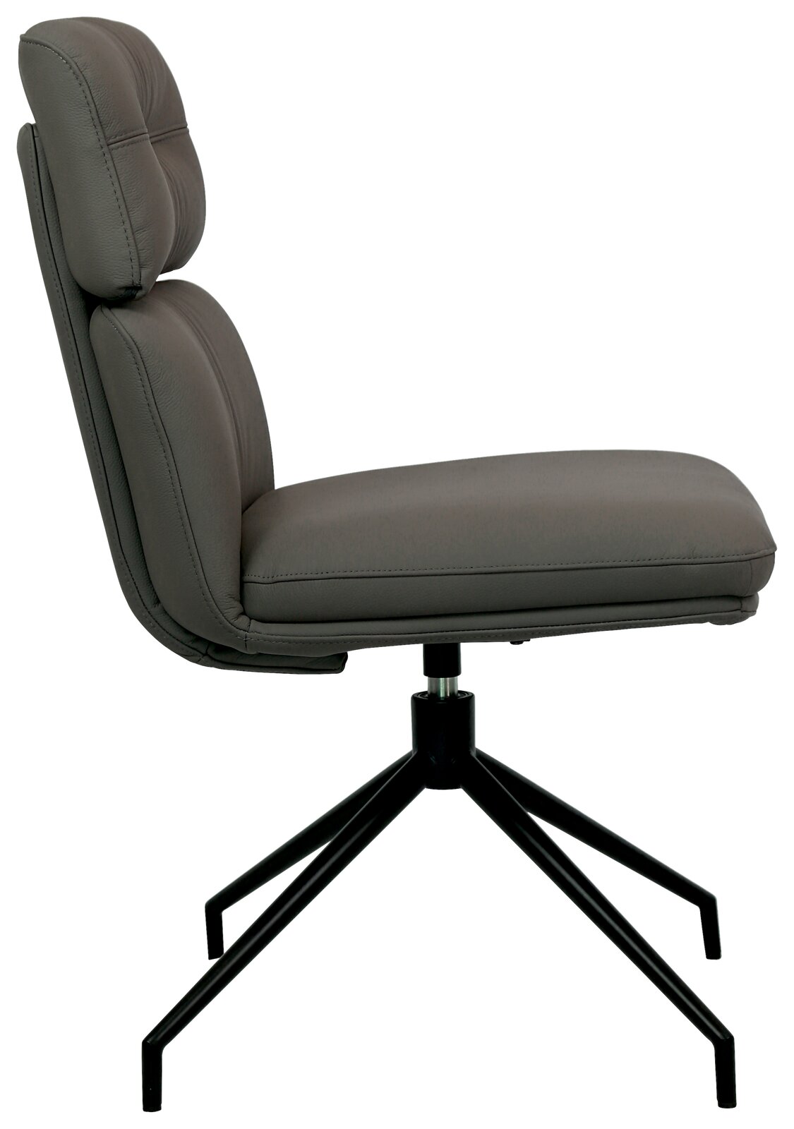 Moderner grauer Stuhl mit gepolsterter Rückenlehne und schwarzem Metallgestell, Seitenansicht