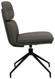 Moderner grauer Stuhl mit gepolsterter Rückenlehne und schwarzem Metallgestell, Seitenansicht