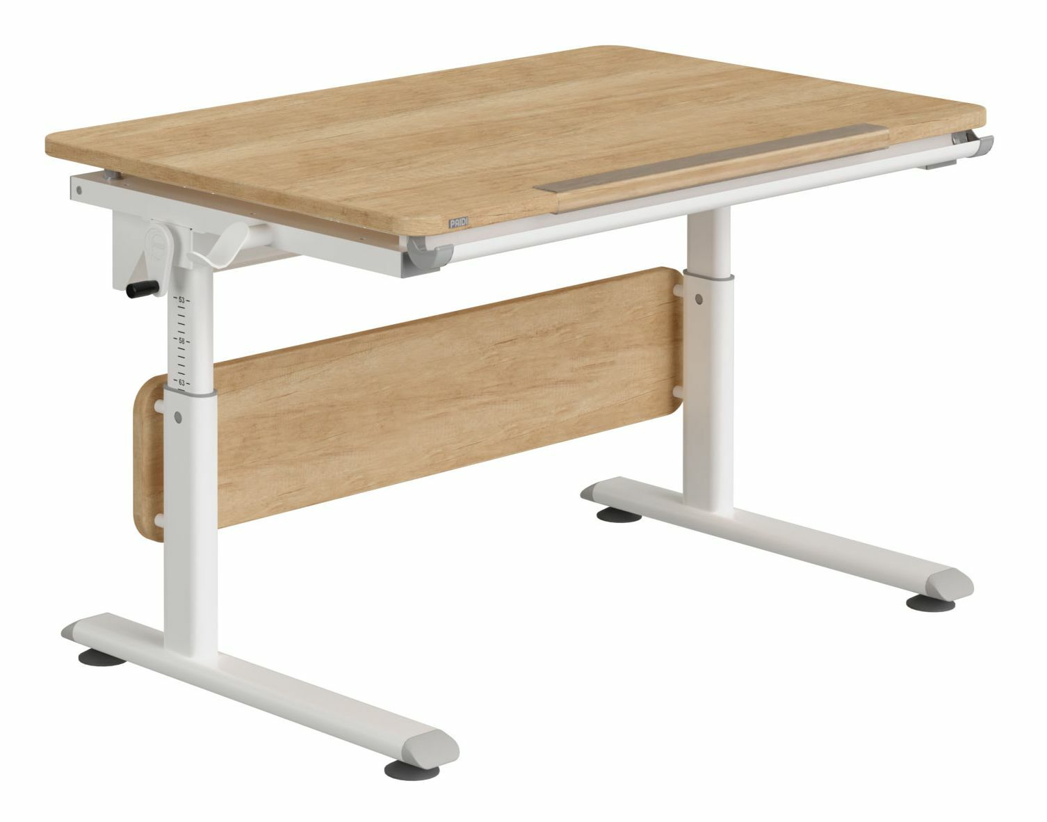 Höhenverstellbarer Schreibtisch aus Holz mit weißem Metallgestell, seitliche Ansicht