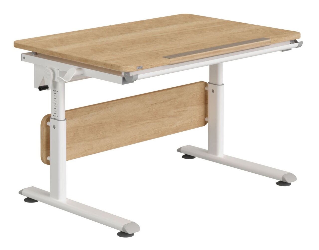 Höhenverstellbarer Schreibtisch aus Holz mit weißem Metallgestell, seitliche Ansicht