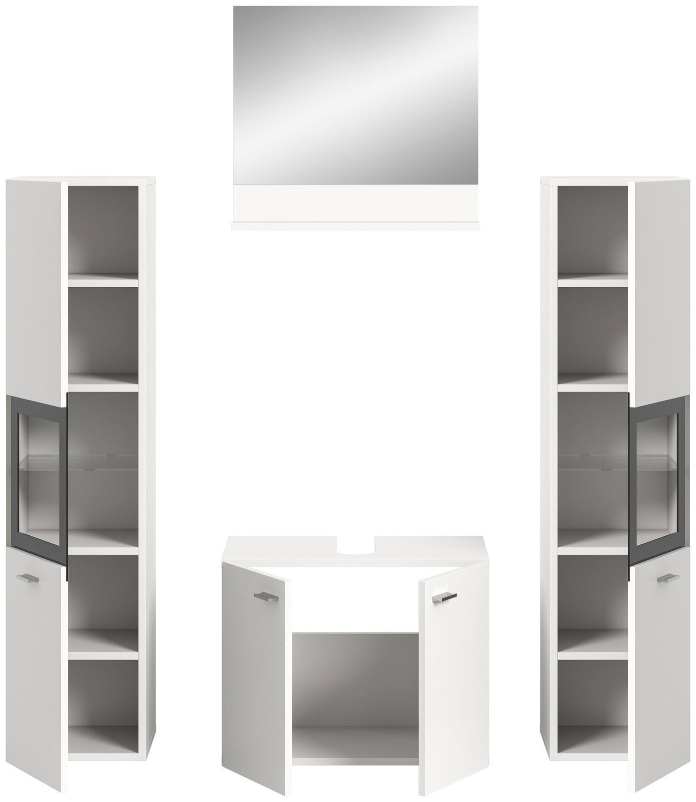 Moderne Badkombination BOSTON mit zwei hohen weißen Schränken, einem Waschbeckenunterschrank und einem Spiegel, frontal betrachtet.