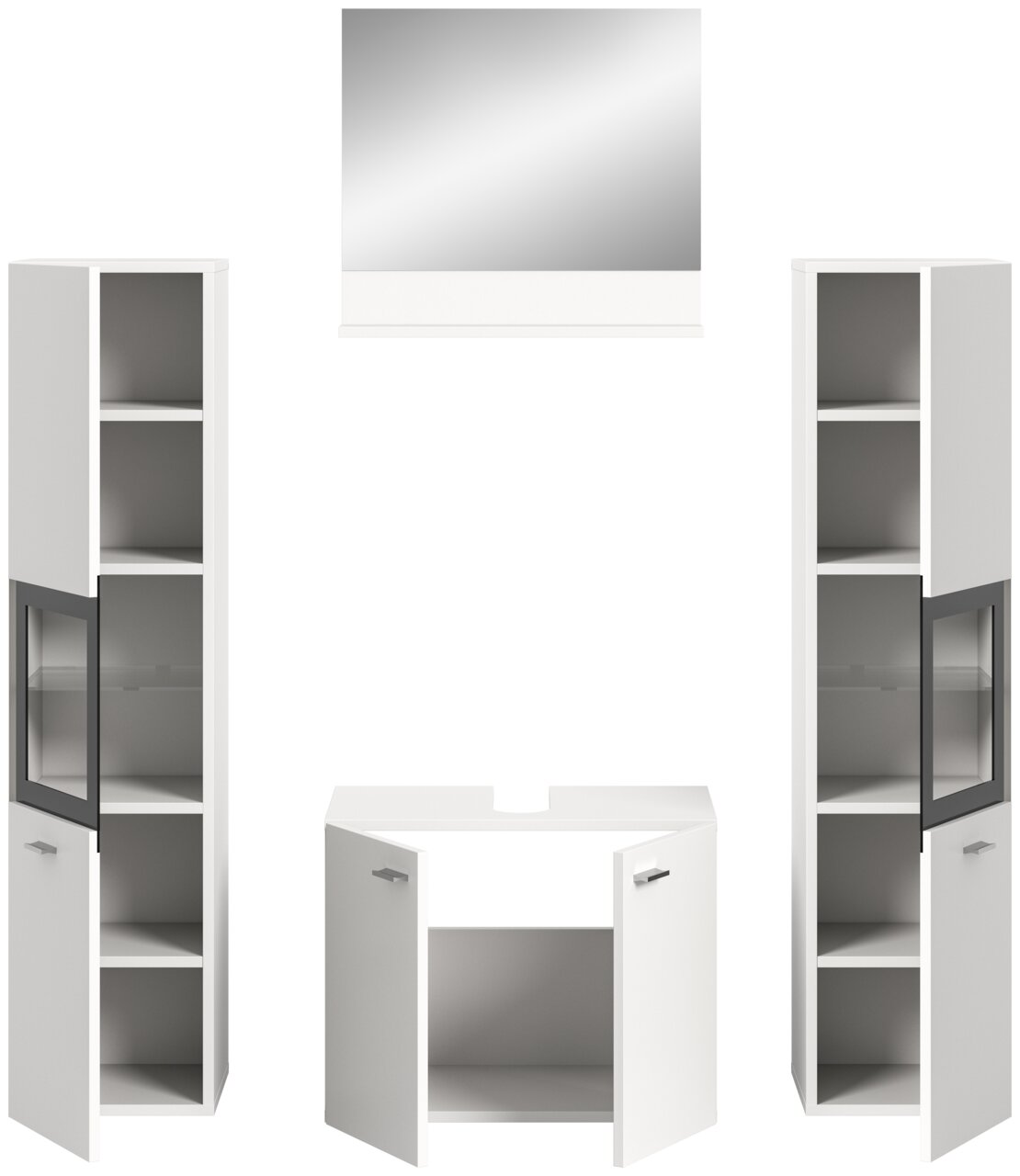 Moderne Badkombination BOSTON mit zwei hohen weißen Schränken, einem Waschbeckenunterschrank und einem Spiegel, frontal betrachtet.