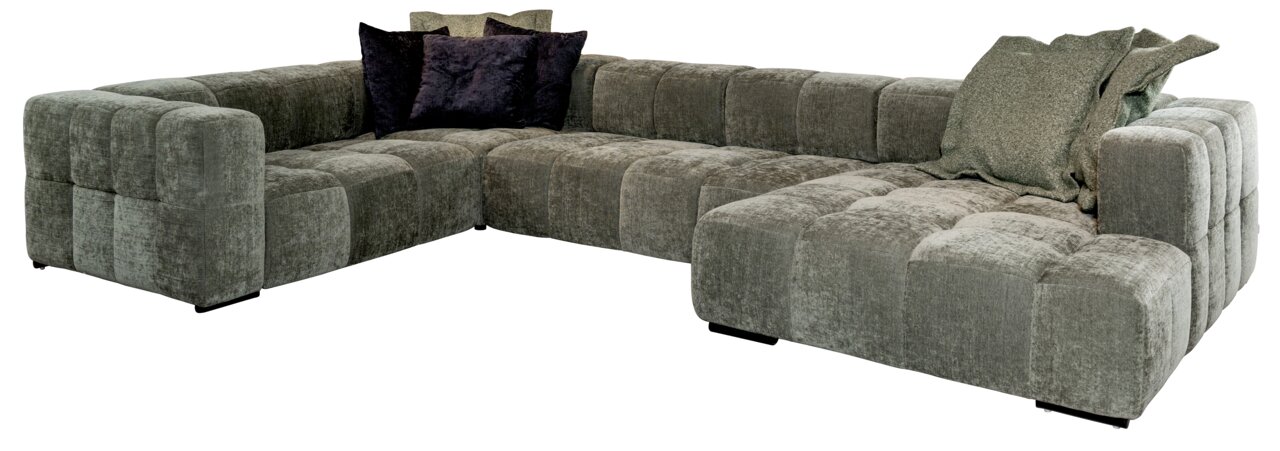 Große, moderne Polsterrundecke in U-Form mit grauem Stoffbezug und mehreren Kissen, seitliche Perspektive.