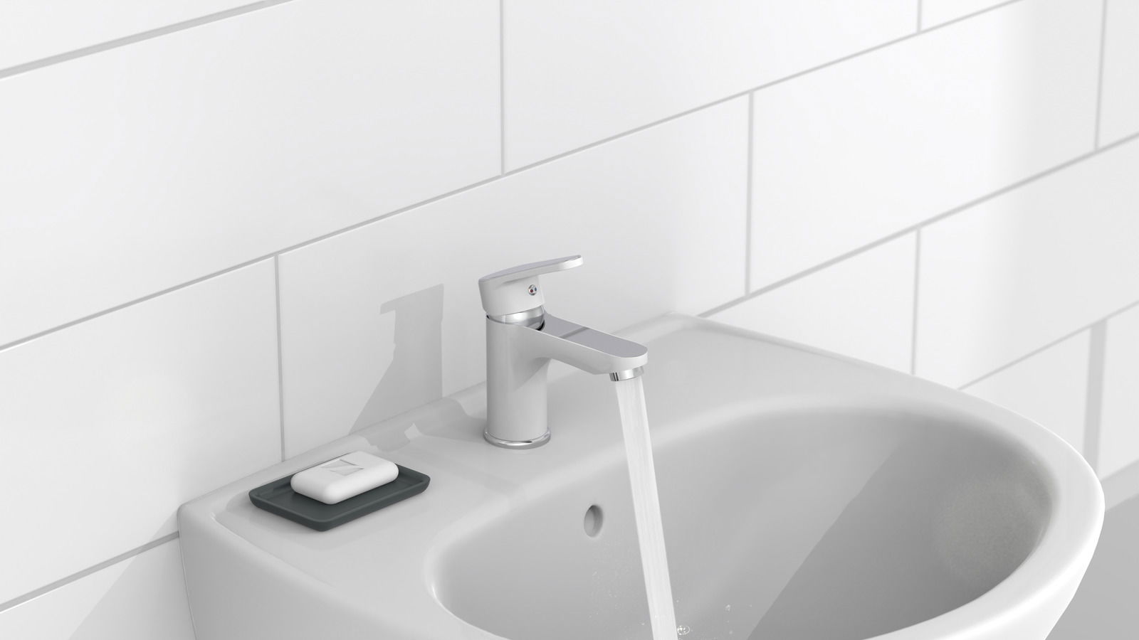 Moderne Waschtischarmatur mit fließendem Wasser, seitliche Perspektive