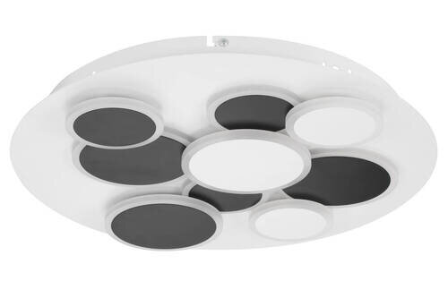 Moderne LED-Deckenleuchte mit kreisförmigen Elementen in Schwarz und Weiß, Ansicht von unten.