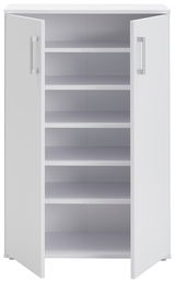 Weißer Schuhschrank mit offenen Türen und mehreren Regalböden, frontale Ansicht