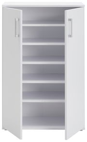 Weißer Schuhschrank mit offenen Türen und mehreren Regalböden, frontale Ansicht