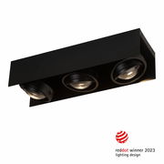 Schwarze LED Aufbauleuchte mit drei runden Strahlern, seitliche Perspektive, Red Dot Gewinner 2023
