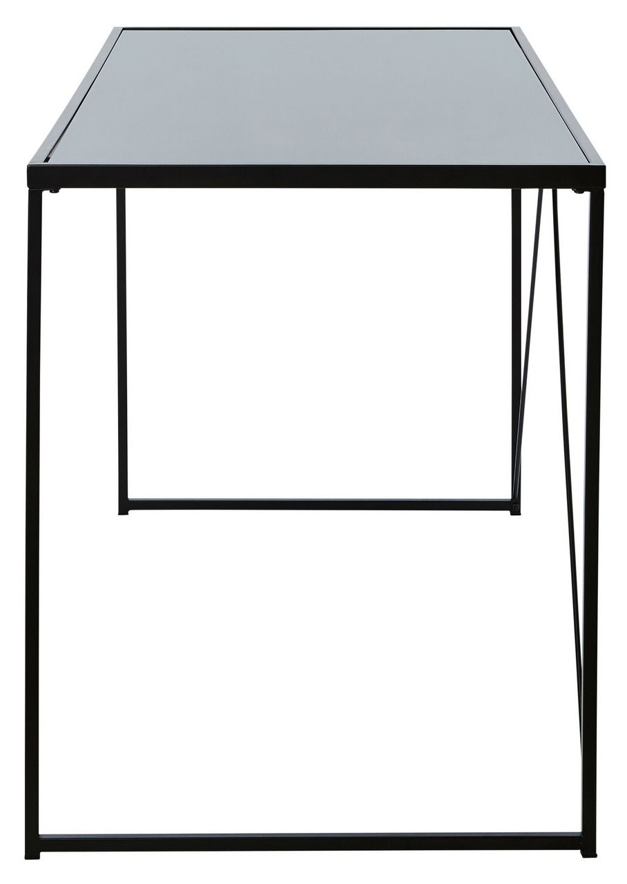 Moderner Schreibtisch mit schwarzer Glasplatte und schlankem Metallrahmen, frontal betrachtet.